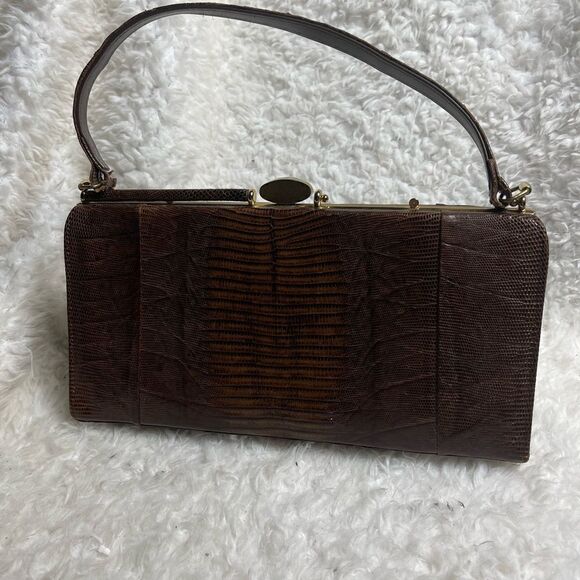 Vintage Brown Snake skin print handbag with antique gold tone hardwares. - Picture 1 of 15
